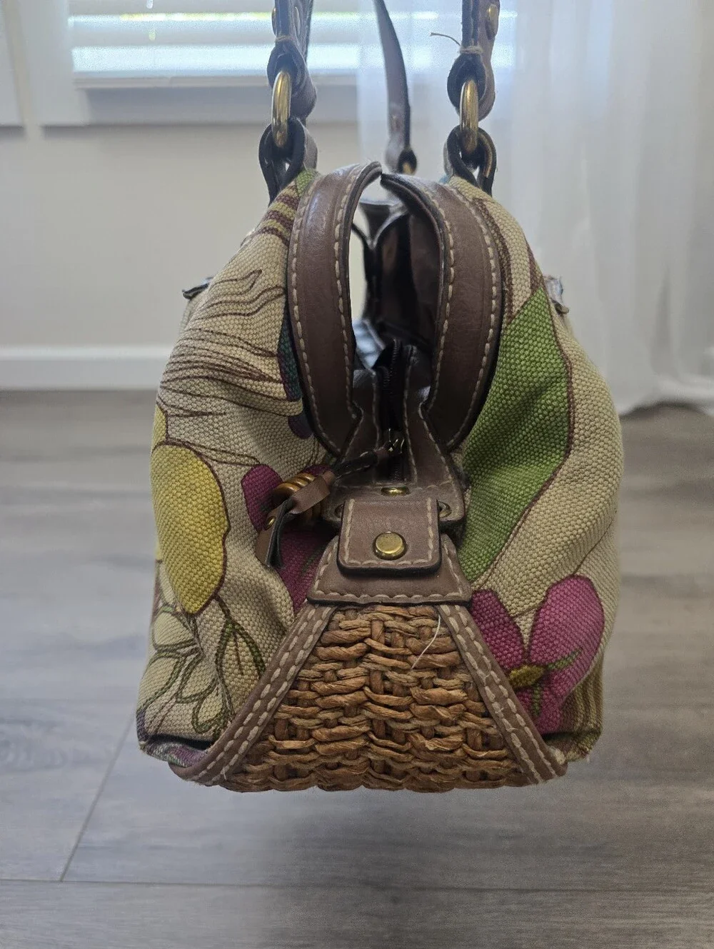 Fossil Key-Per Floral Canvas Hobo Shoulder Bag Brown Leather Trim